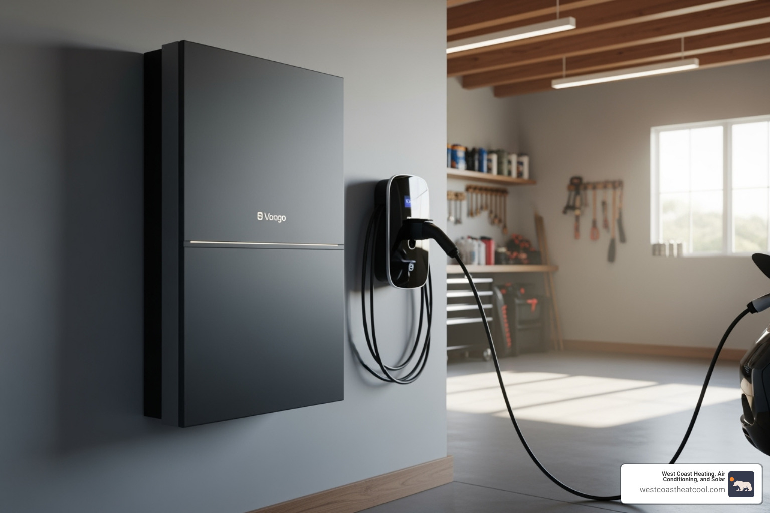 sleek, modern solar battery system mounted on a garage wall next to an EV charger - eco friendly solar hillcrest