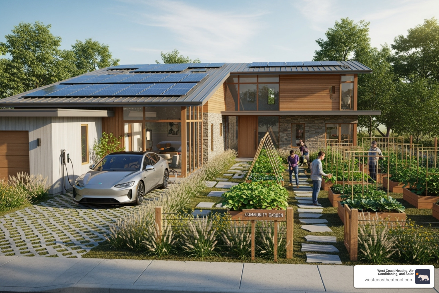 home with integrated design, showing solar panels, an EV charging in the driveway, and a small community garden - eco friendly solar hillcrest