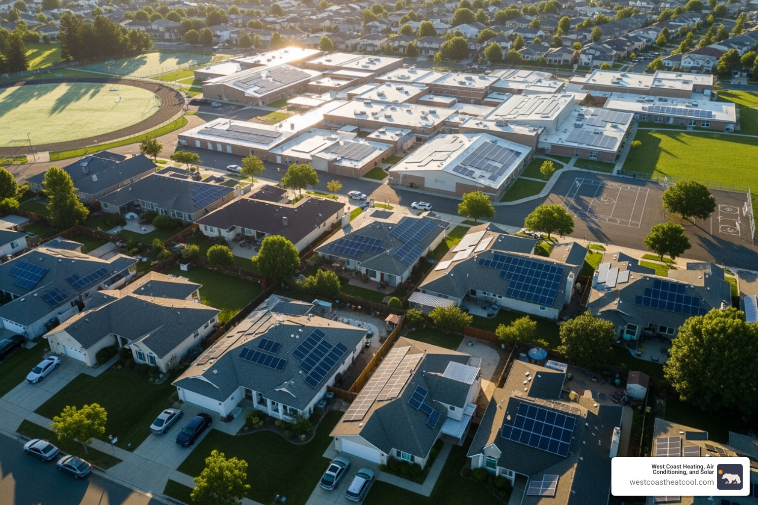 aerial view of a neighborhood or school district with widespread solar panel installations - eco friendly solar hillcrest