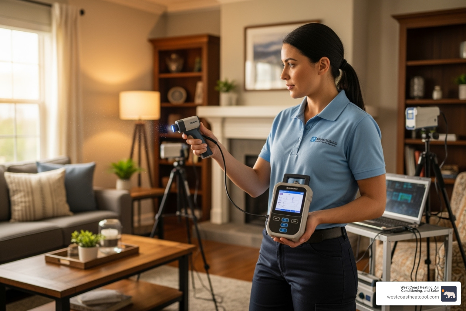 Certified technician performing an air quality assessment with specialized equipment - indoor air quality testing san diego