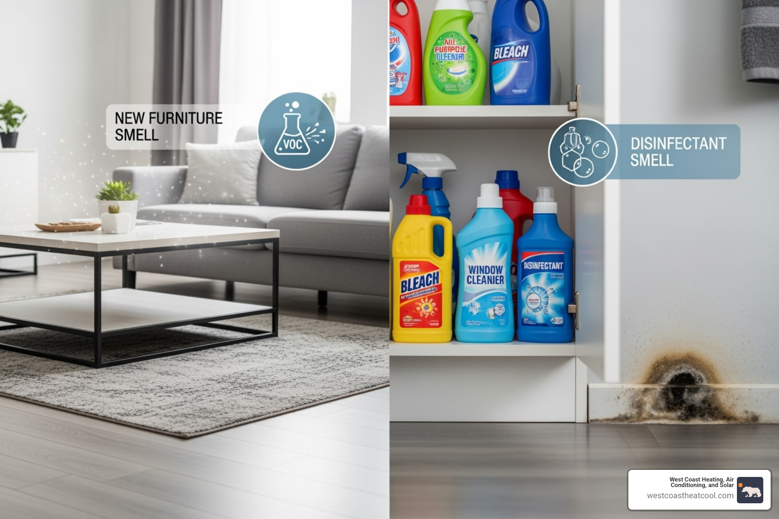 Common sources of indoor pollutants like VOCs from furniture, cleaning products, and mold from moisture - indoor air quality testing san diego