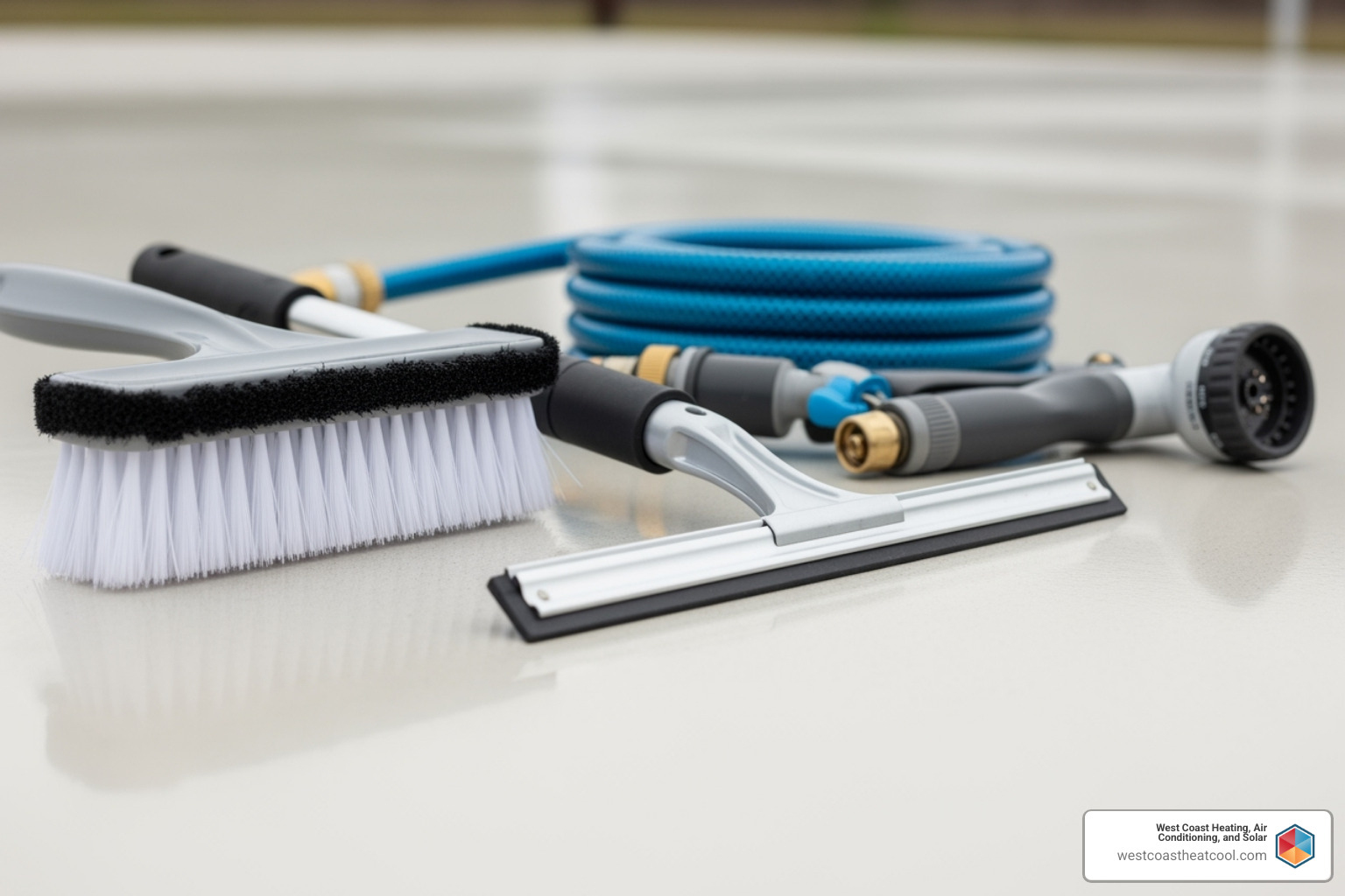 recommended cleaning tools like a soft brush, squeegee, and hose - Solar panel cleaning