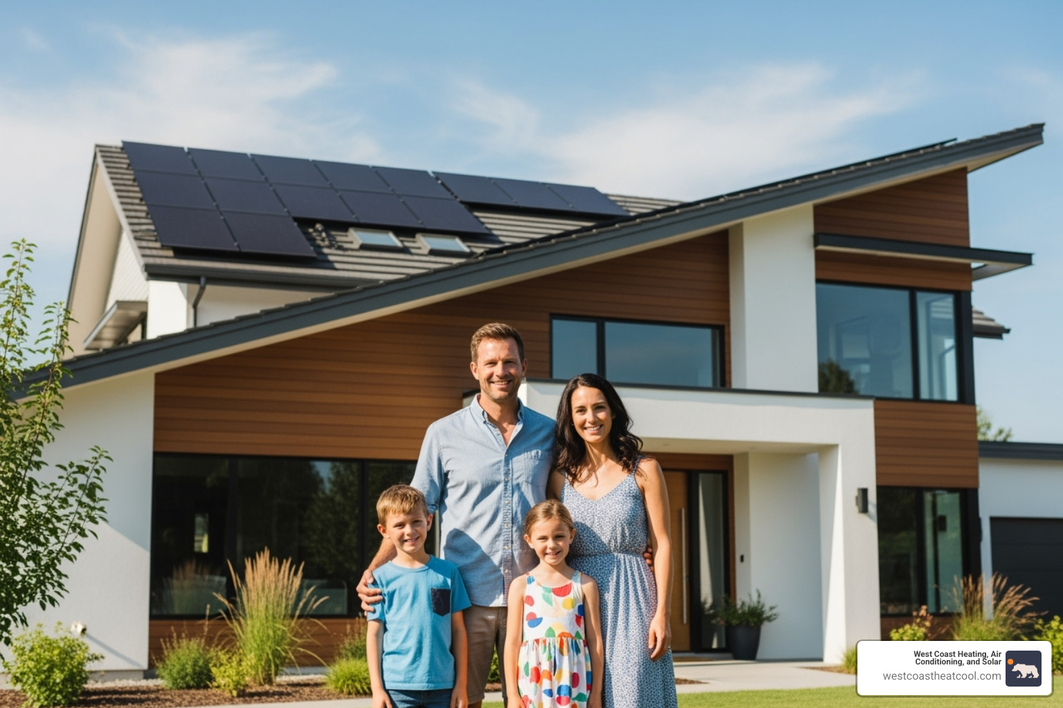 family smiling in front of their solar-powered home - residential solar install el cajon