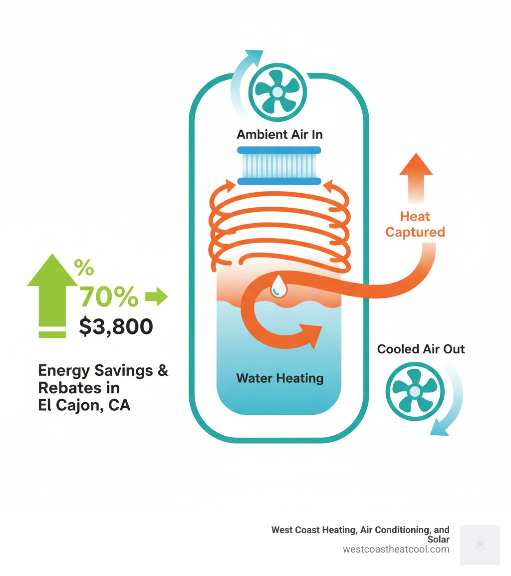 Infographic showing how a heat pump water heater works: ambient air is drawn through a fan and filter, heat is captured by refrigerant coils, the heat is transferred to water in an insulated storage tank, and the cooled air is released back into the space. Arrows show energy savings of up to 70% compared to standard electric water heaters, with rebates of up to $3,800 available in El Cajon, CA. - affordable heat pump water heater installation in el cajon ca infographic 