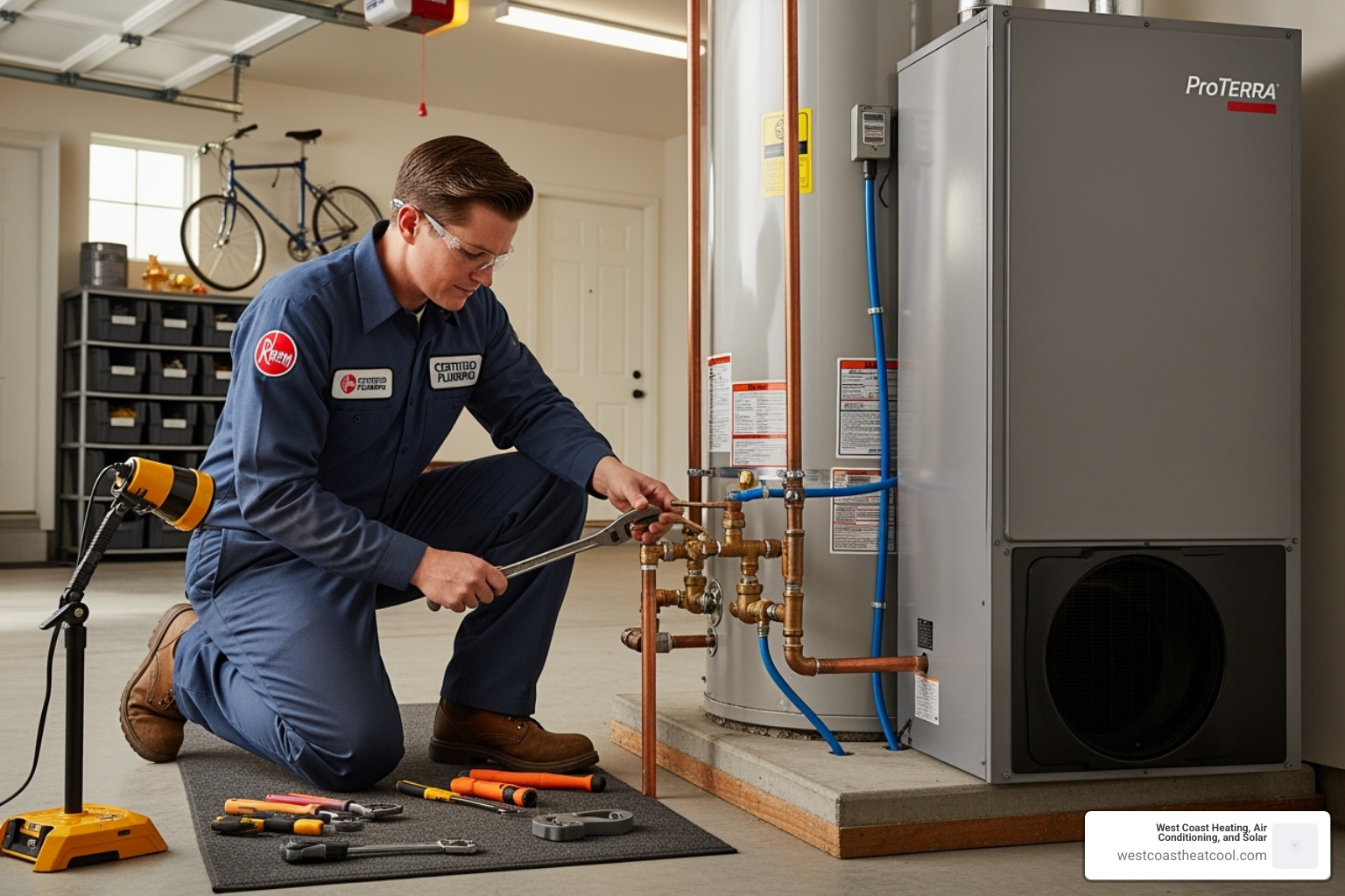 A certified technician in a uniform is carefully working on the plumbing connections of a newly installed heat pump water heater in a residential garage, demonstrating professional installation. - affordable heat pump water heater installation in el cajon ca