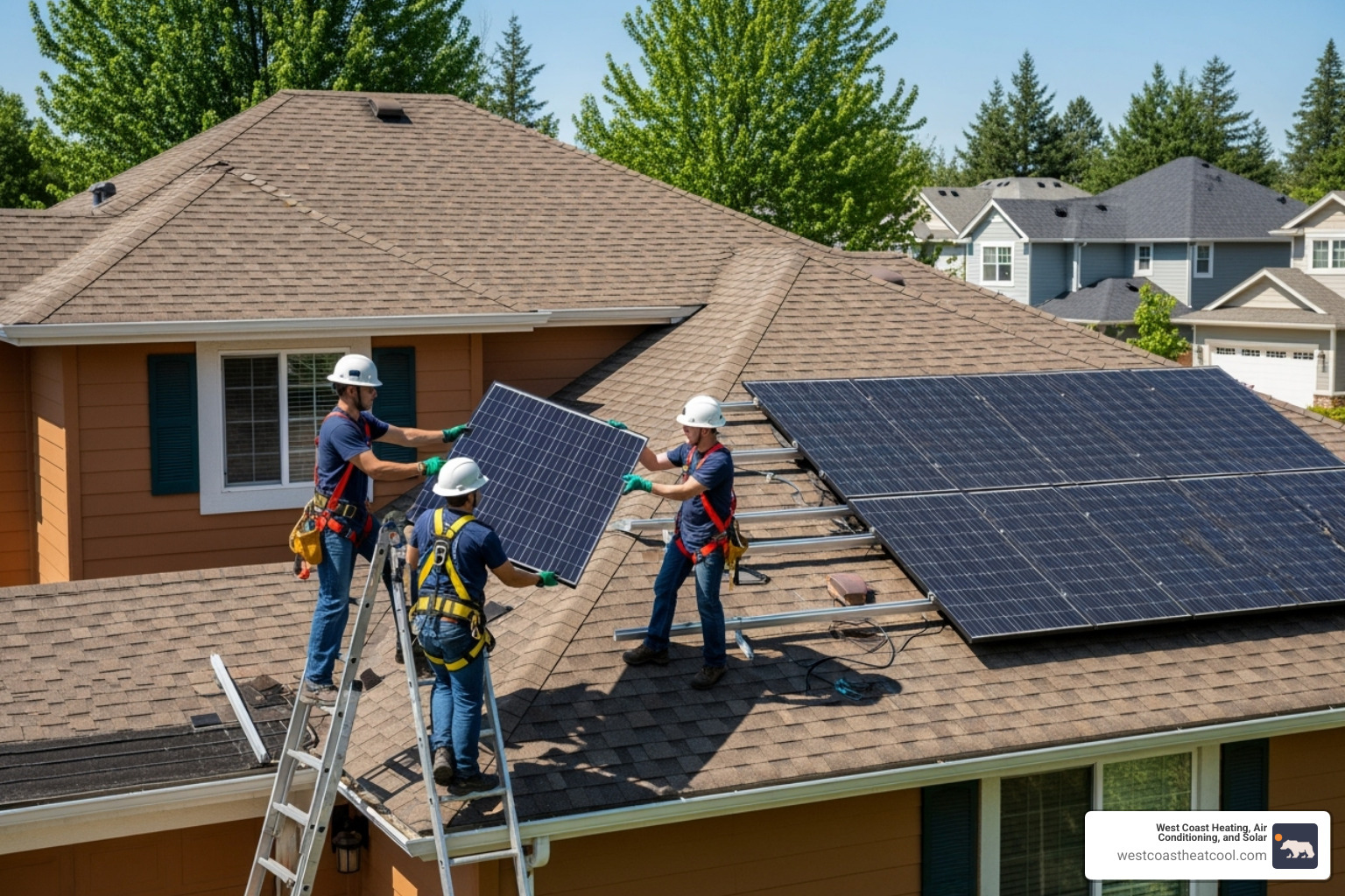 Certified technicians safely installing solar panels on a residential roof - professional solar installation san diego county