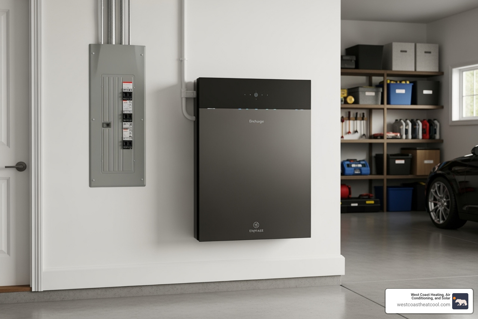 A sleek home battery unit installed in a clean garage next to an electrical panel - professional solar installation san diego county