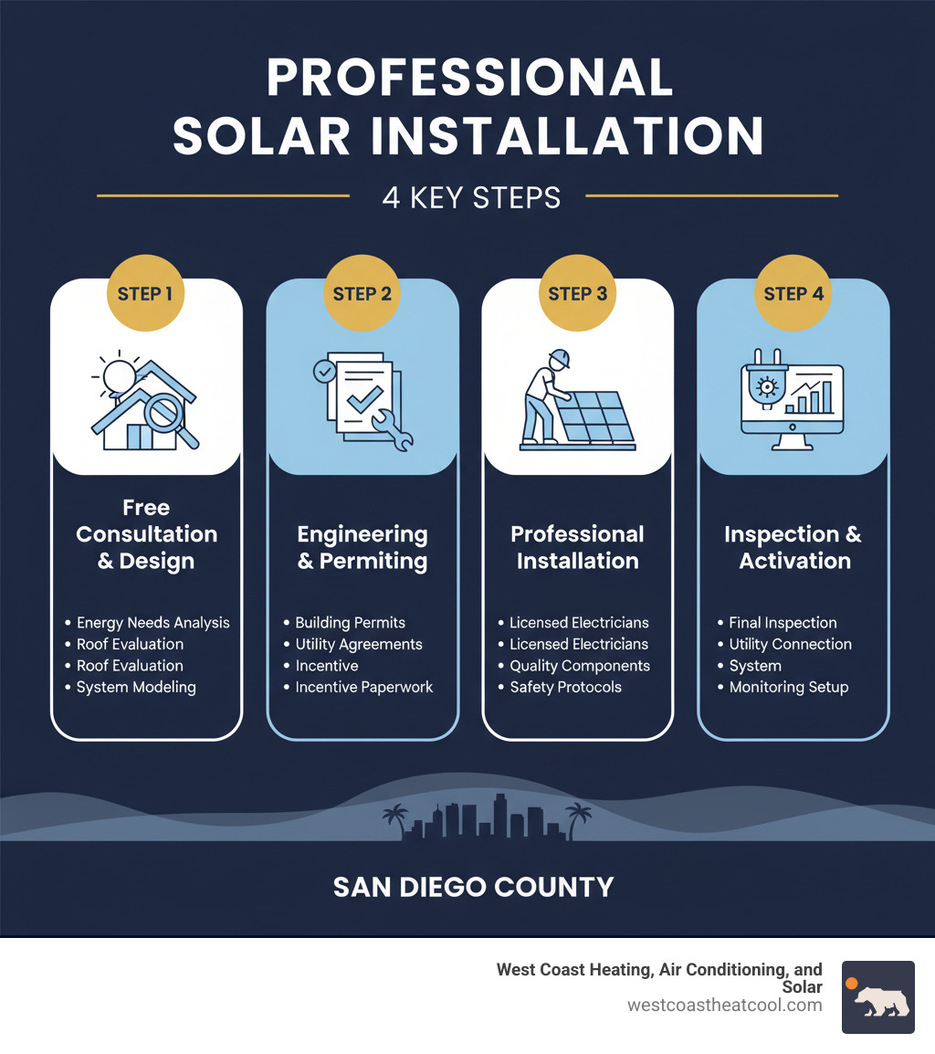 A detailed infographic showing the 4 key steps to professional solar installation: Step 1 - Free Consultation & Custom Design (energy needs analysis, roof evaluation, system modeling), Step 2 - Engineering & Permitting (building permits, utility agreements, incentive paperwork), Step 3 - Professional Installation (licensed electricians, quality components, safety protocols), Step 4 - Inspection & Activation (final inspection, utility connection, system monitoring setup) - professional solar installation san diego county infographic 