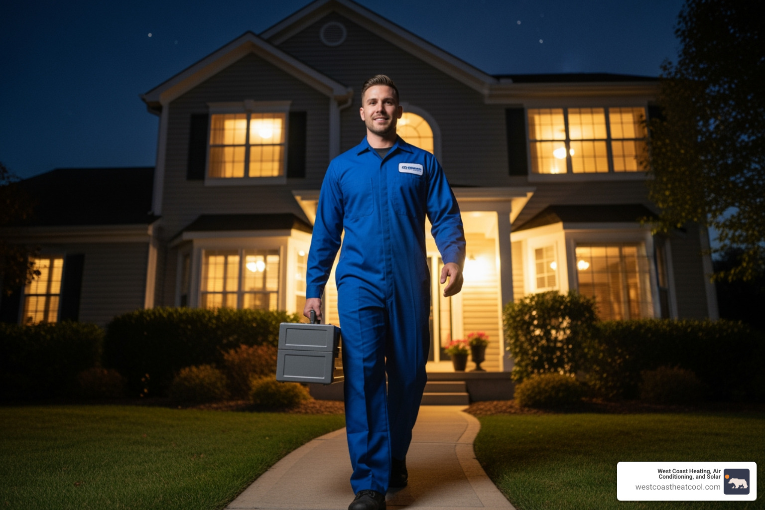 Friendly technician arriving at a home at night - 24 hour hvac maintenance escondido ca