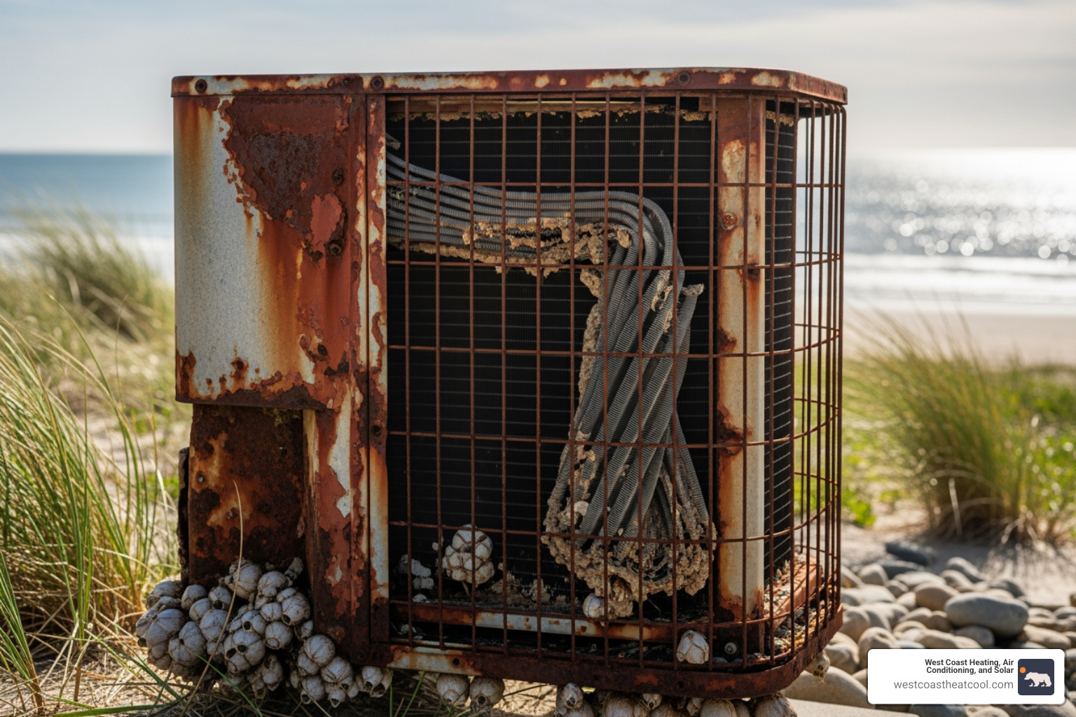 corroded outdoor AC unit near the coast - emergency hvac maintenance oceanside ca
