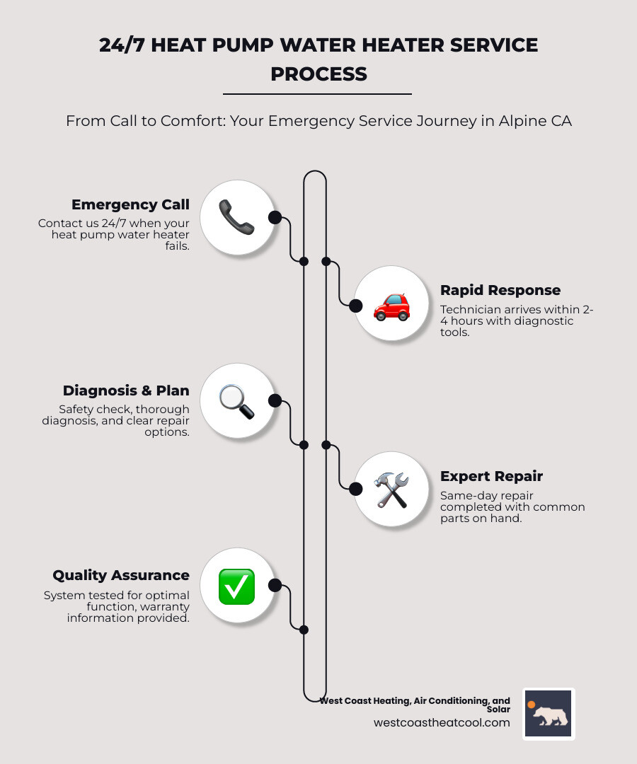 Infographic showing the process of 24/7 heat pump water heater service in Alpine CA: 1) Call for emergency service with 24/7 availability, 2) Technician arrives within 2-4 hours with diagnostic tools, 3) Safety check and system diagnosis performed, 4) Clear explanation of issue and repair options provided, 5) Same-day repair completed with common parts on hand, 6) System tested and warranty information provided - 24/7 heat pump water heater installation repair in alpine ca infographic infographic-line-5-steps-elegant_beige