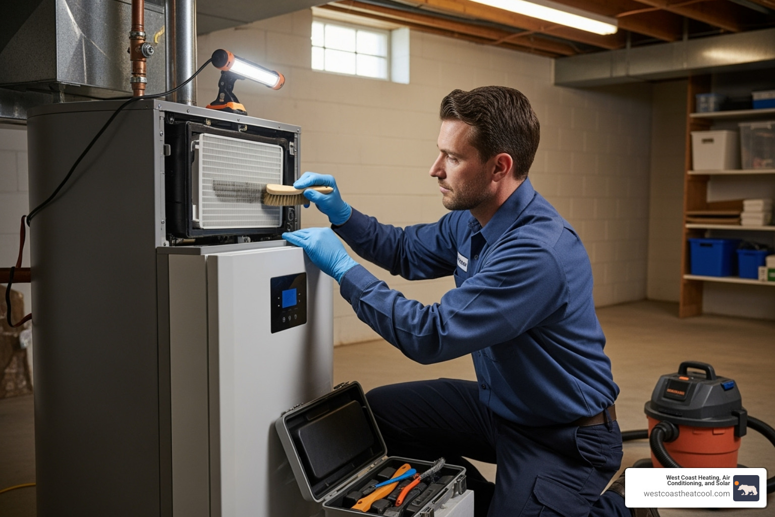 Technician performing routine maintenance on a heat pump water heater - 24/7 heat pump water heater installation repair in alpine ca