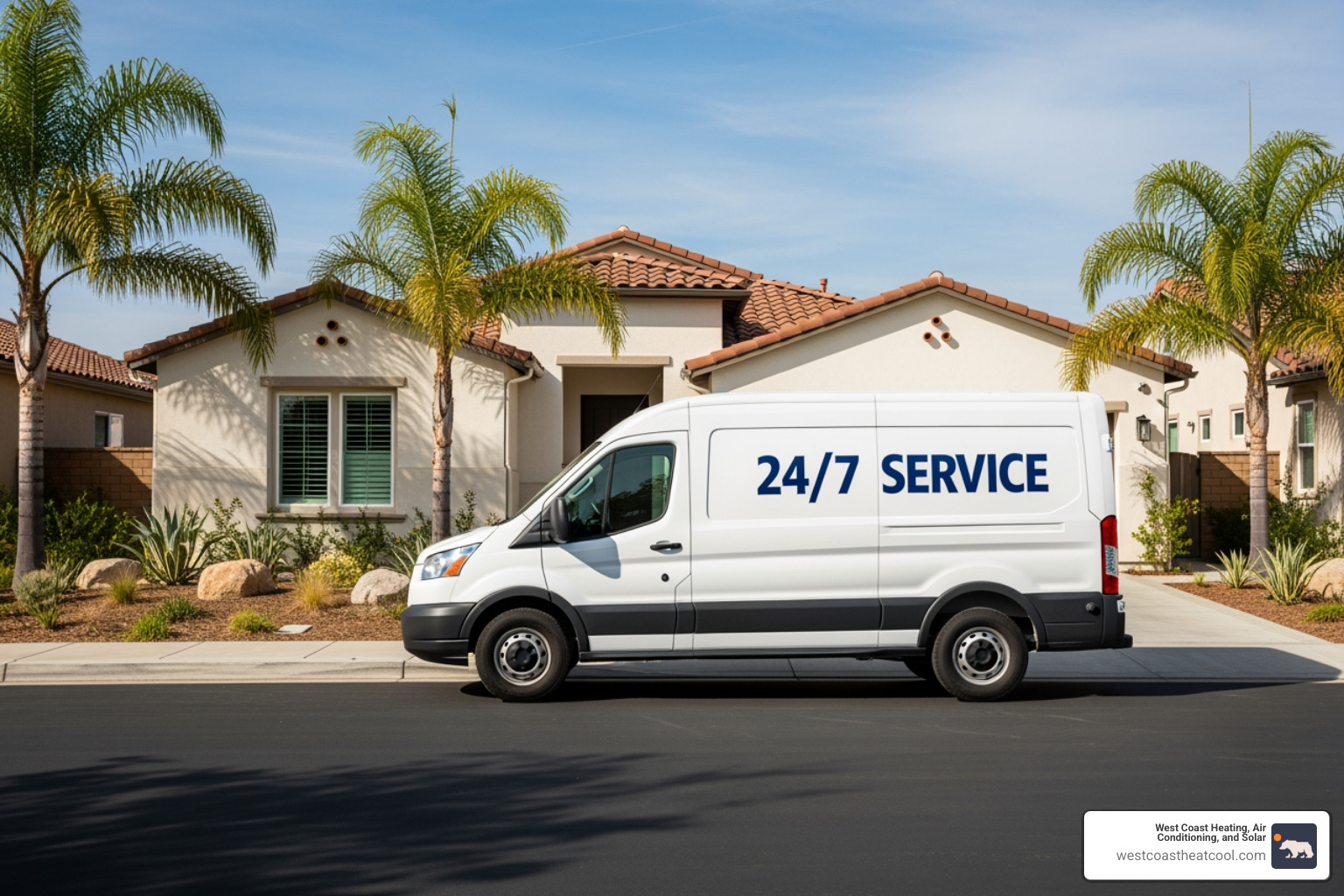 service van with "24/7 Service" on the side parked in a Carlsbad driveway - emergency hvac maintenance carlsbad ca