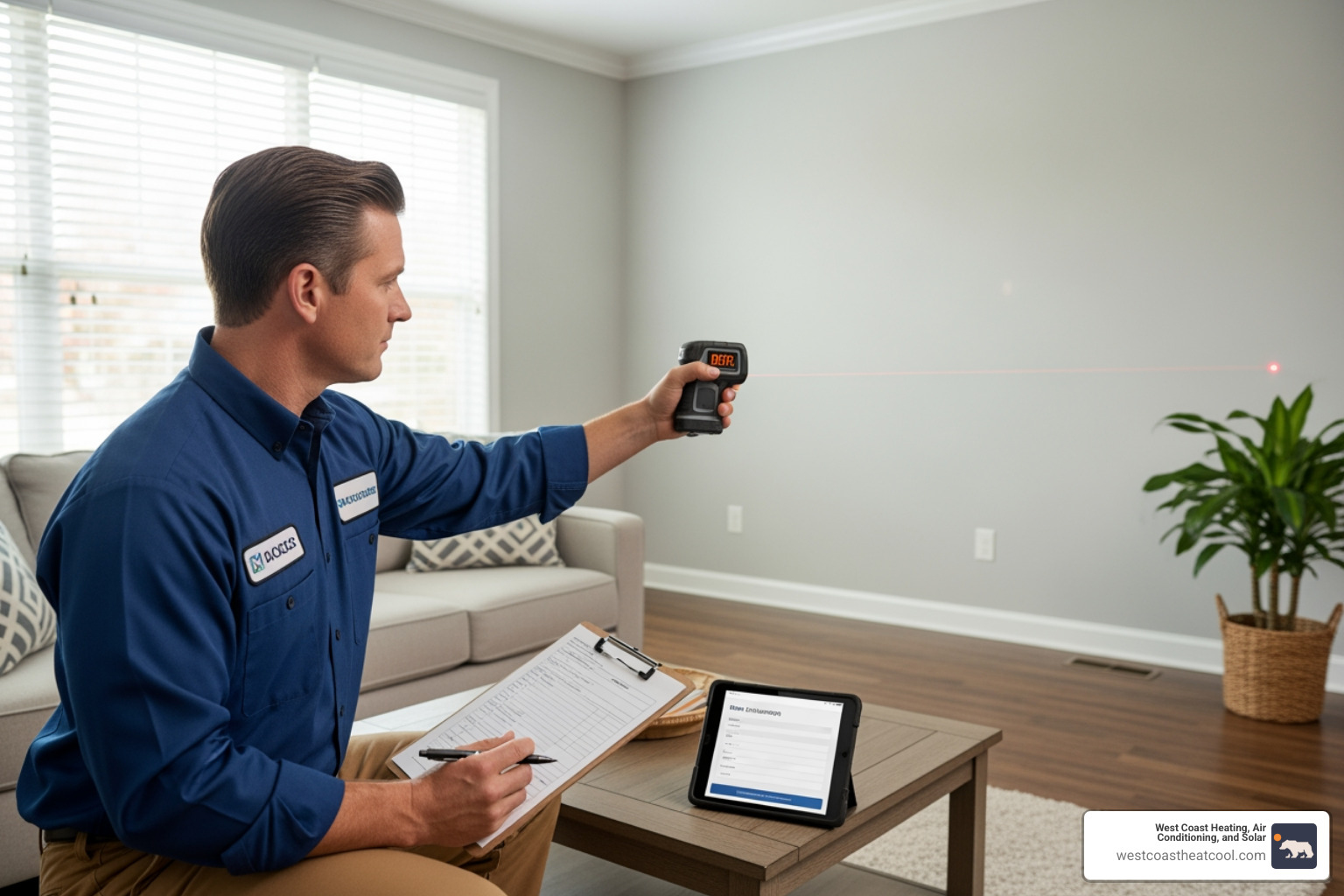 technician measuring a room for a load calculation - hvac replacement estimate san diego ca