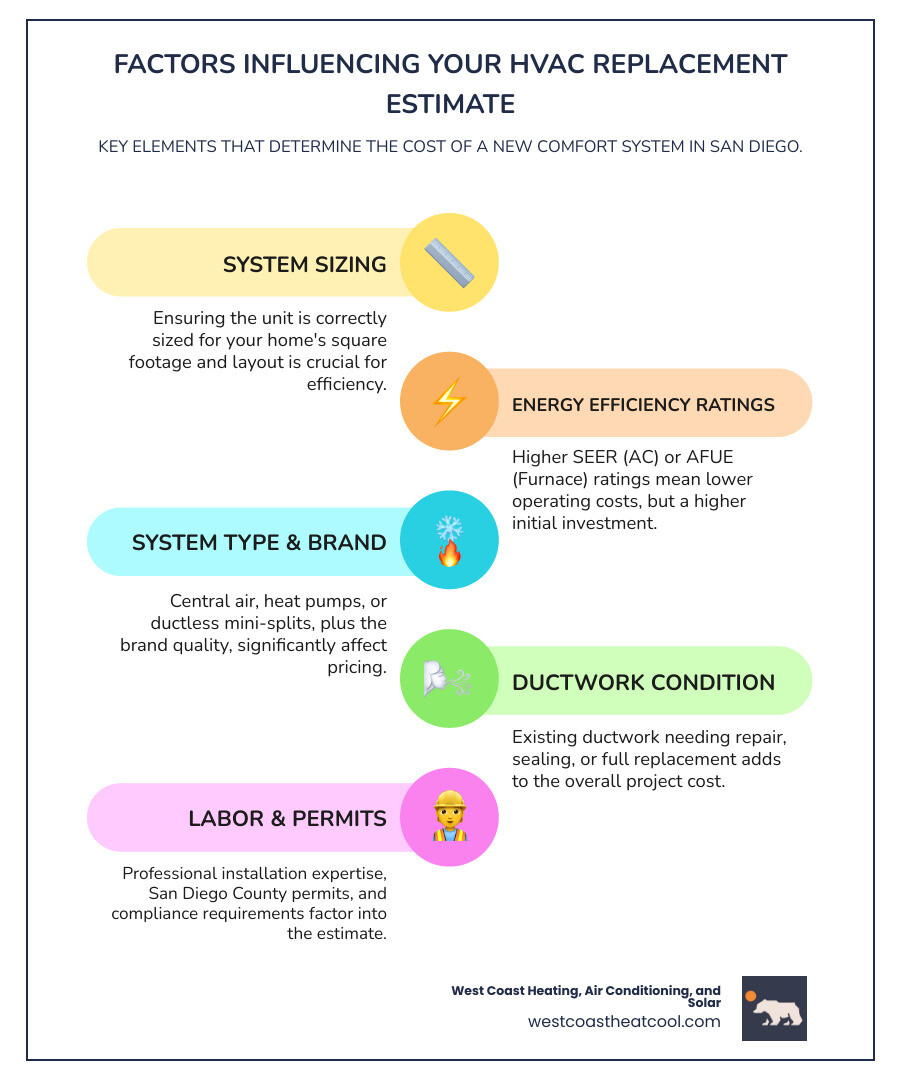 infographic showing factors affecting HVAC replacement estimates including system size, efficiency ratings, installation complexity, ductwork condition, permits and compliance, and available rebates - hvac replacement estimate san diego ca infographic infographic-line-5-steps-colors