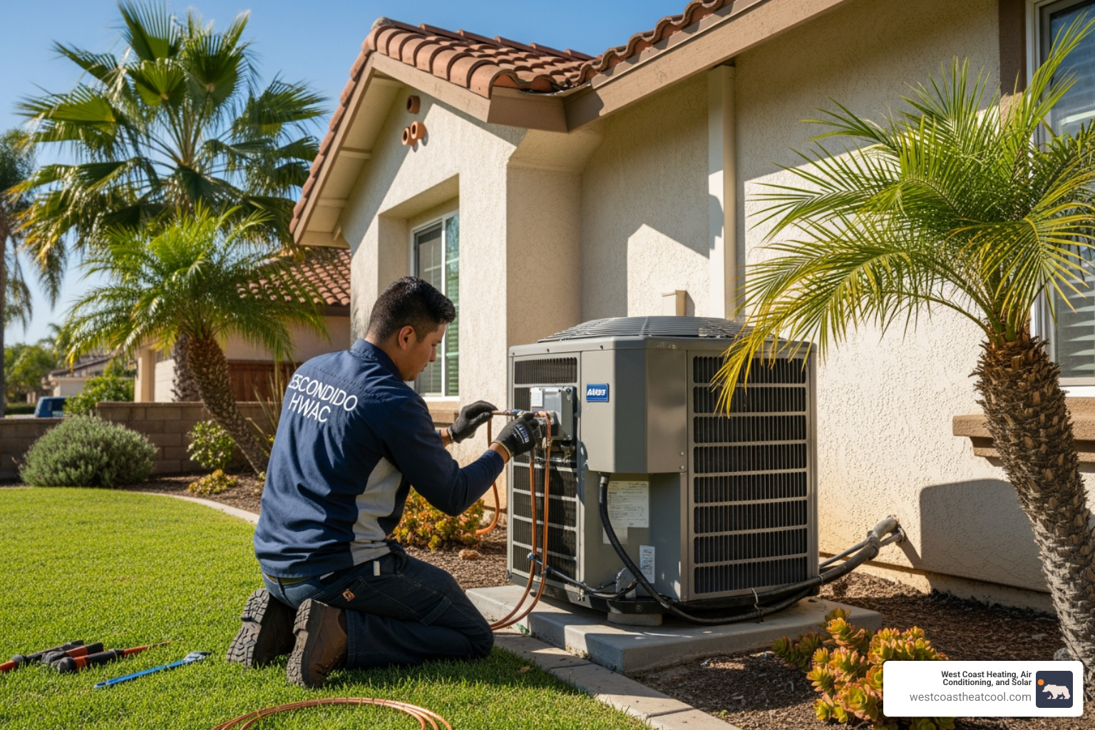HVAC technician installing a new outdoor unit - hvac replacement escondido ca