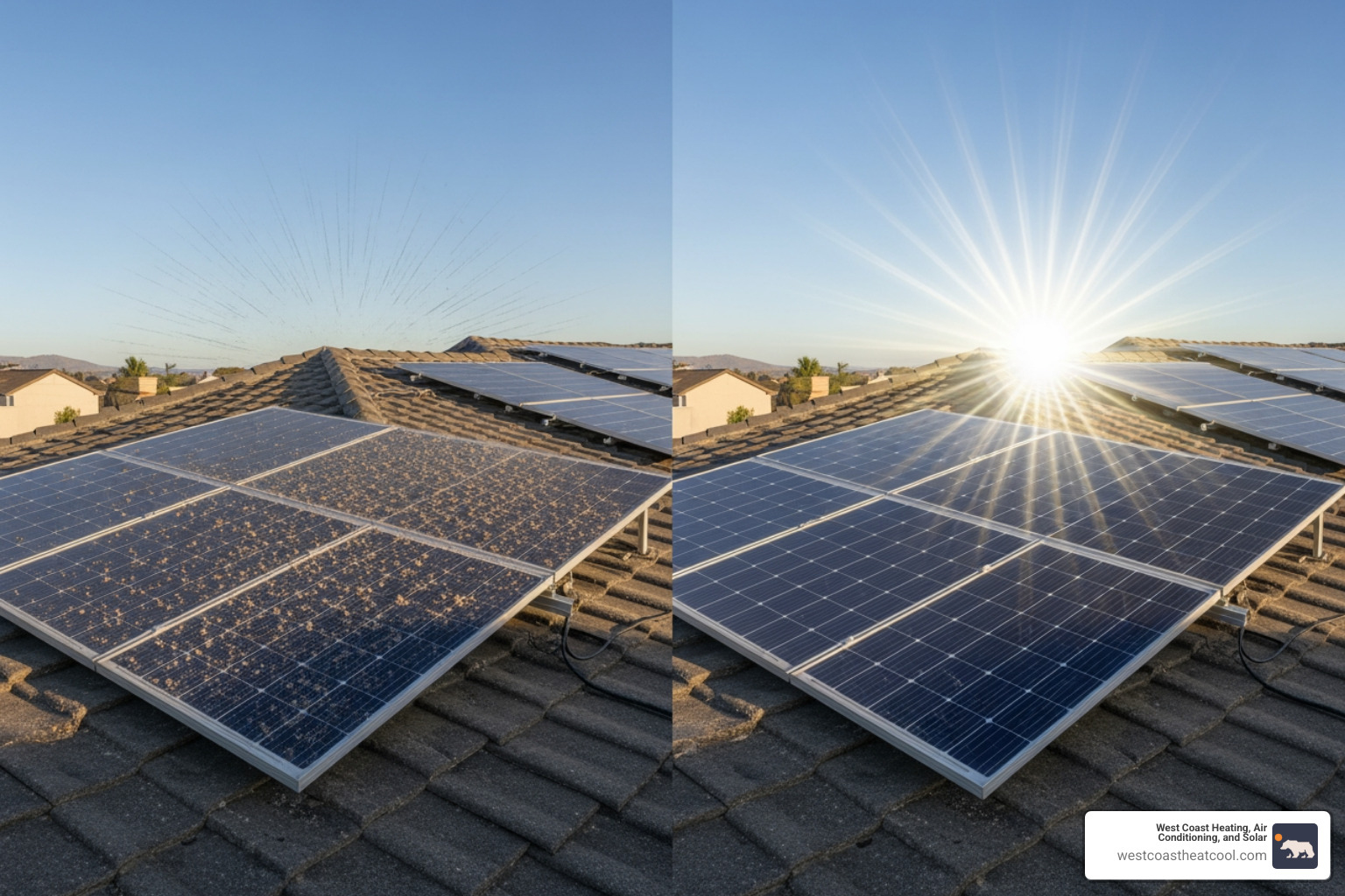 split-screen showing a dirty panel's low energy output vs. a clean panel's high output - "I need professional solar panel cleaning in San Diego. Who provides this service?"