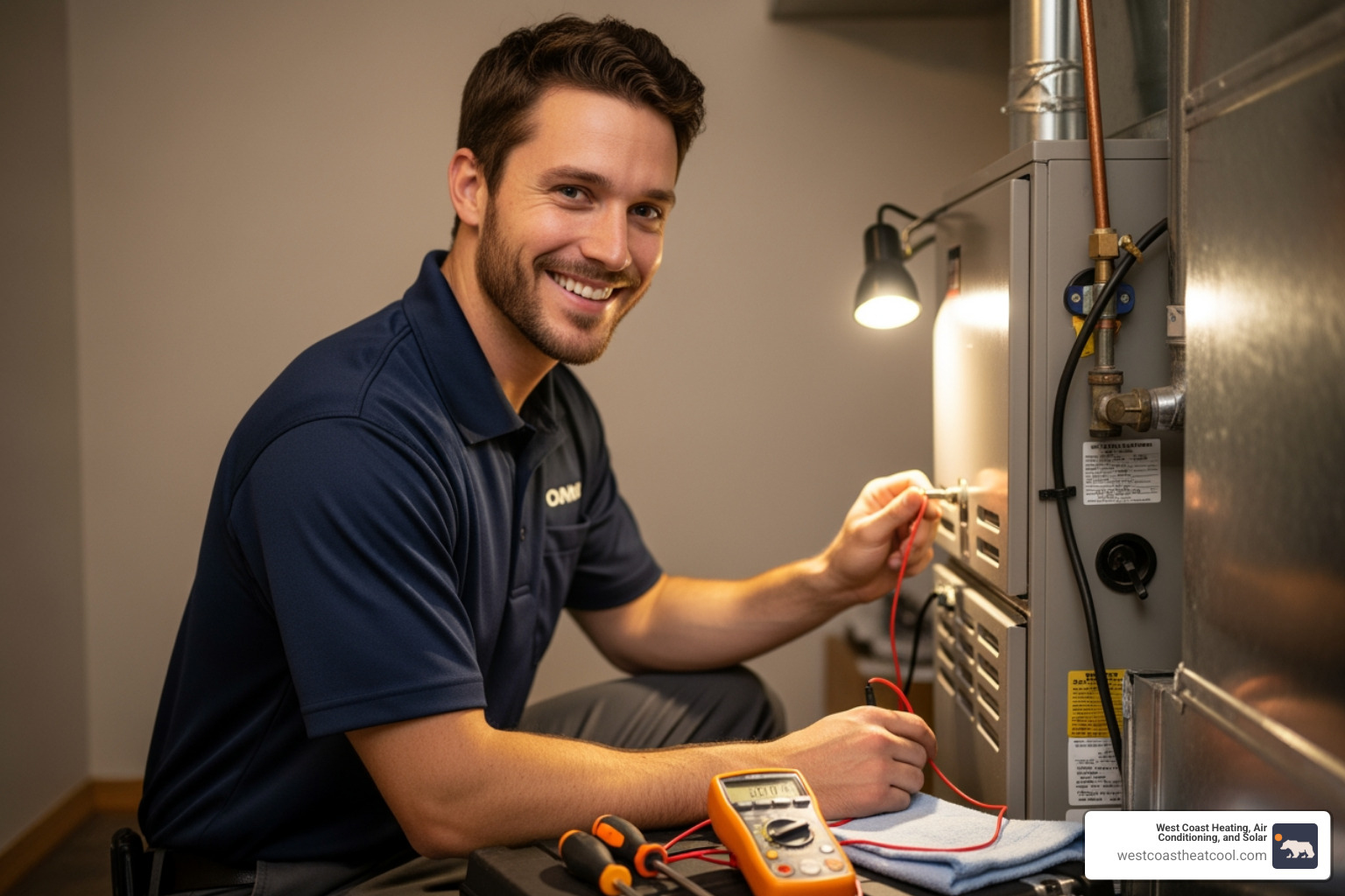 professional technician with a friendly smile working on a furnace - "My furnace won't turn on. Who are the top-rated heating repair companies in Chula Vista?"