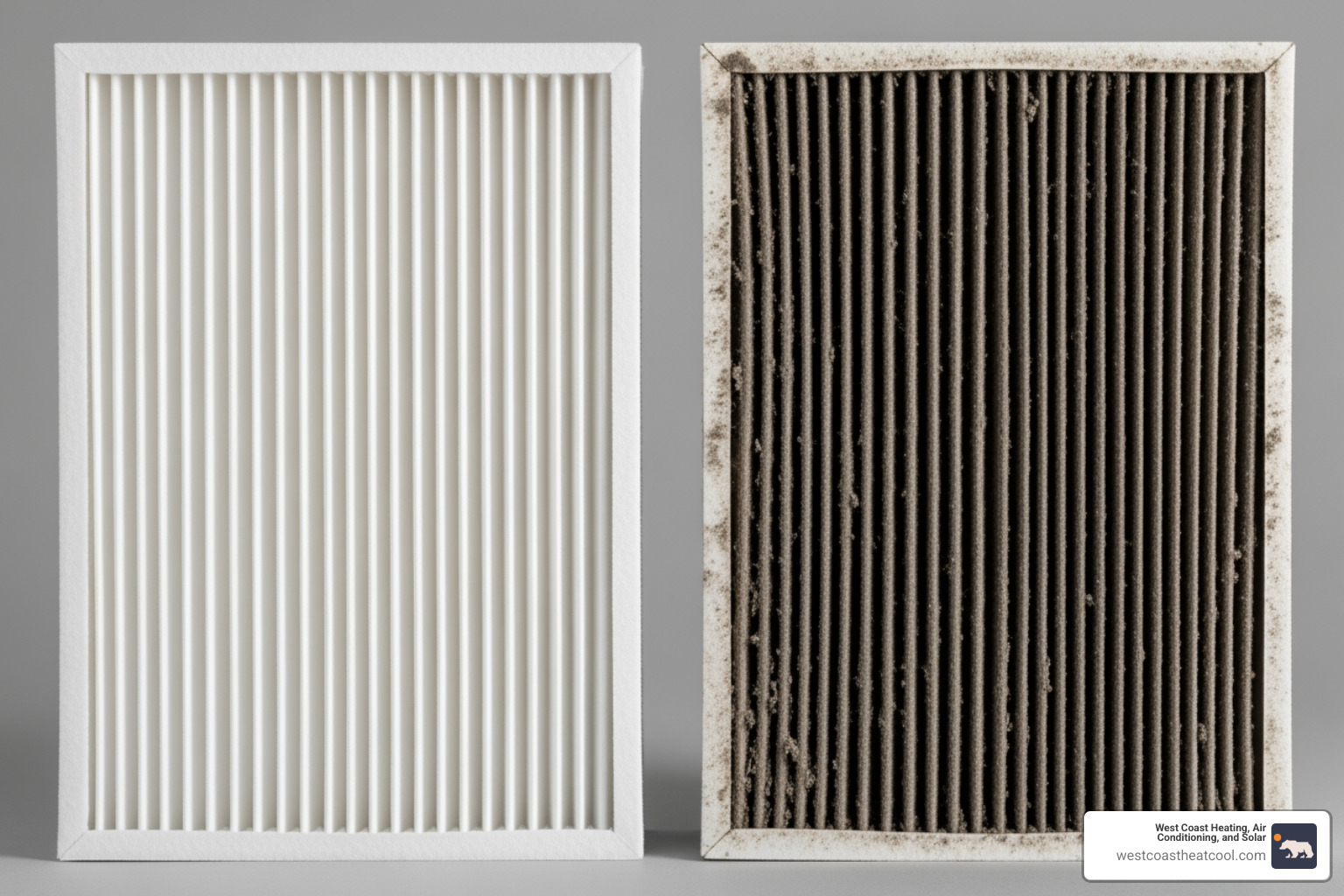clean, new furnace air filter next to a dirty one - "My furnace won't turn on. Who are the top-rated heating repair companies in Chula Vista?"