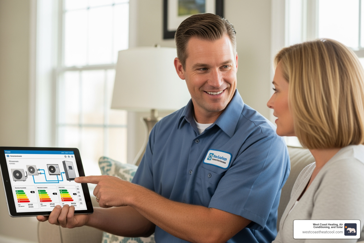 technician showing homeowner hvac system options - hvac replacement estimate oceanside ca