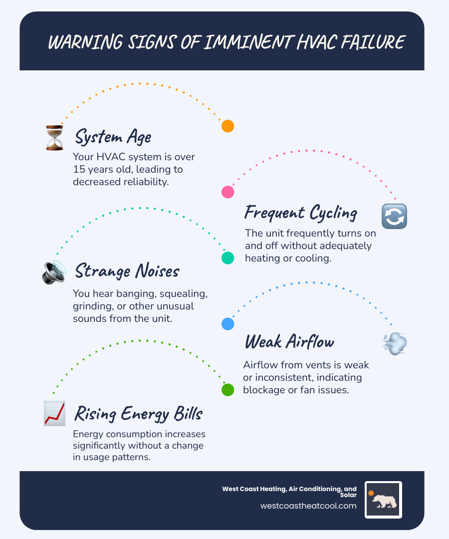 infographic showing five warning signs of imminent HVAC failure including system age over 15 years, frequent cycling on and off, strange noises like banging or squealing, weak airflow from vents, and rising energy bills - 24 hour hvac replacement carlsbad ca infographic infographic-line-5-steps-blues-accent_colors