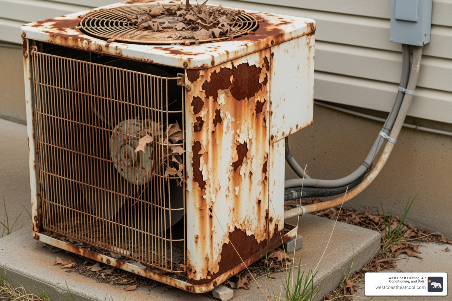 An old, rusty outdoor air conditioning unit - residential hvac replacement chula vista ca