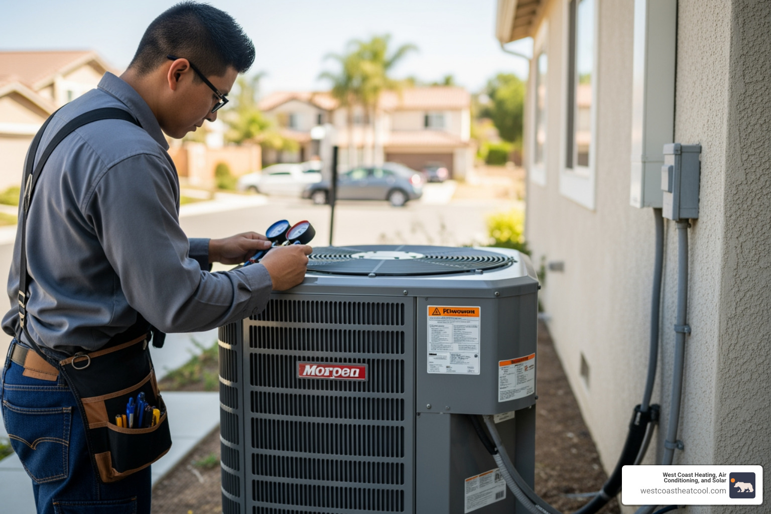 An HVAC technician performing final checks on a newly installed outdoor unit - residential hvac replacement chula vista ca