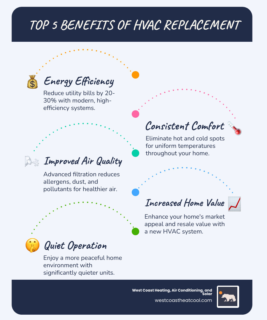 Infographic showing the top 5 benefits of HVAC replacement: improved energy efficiency with 20-30% cost savings, consistent whole-home comfort without hot or cold spots, better indoor air quality with advanced filtration, increased home value and market appeal, and quiet operation with modern technology - residential hvac replacement chula vista ca infographic infographic-line-5-steps-blues-accent_colors
