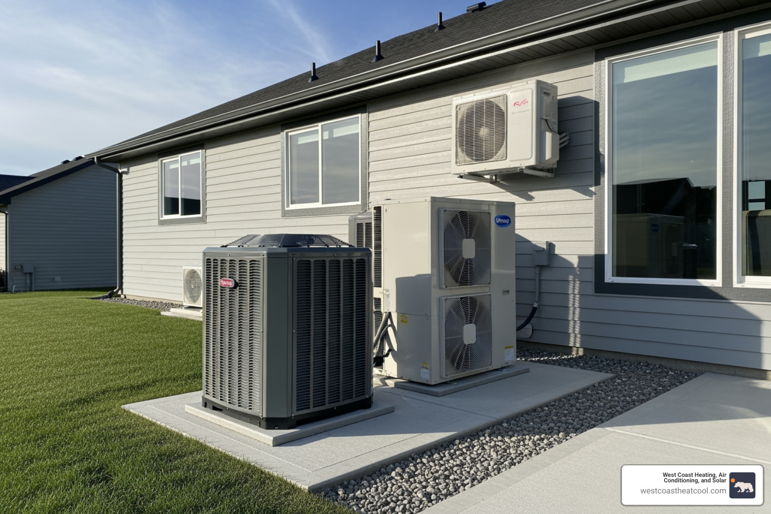 Different HVAC system types: a central AC unit, a heat pump, and a ductless mini-split - residential hvac replacement chula vista ca