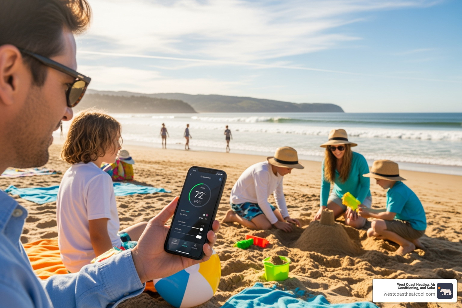 family using a smartphone app to control their home's temperature from the beach - "My thermostat seems broken. Who can I call for a smart thermostat installation in La Jolla?"