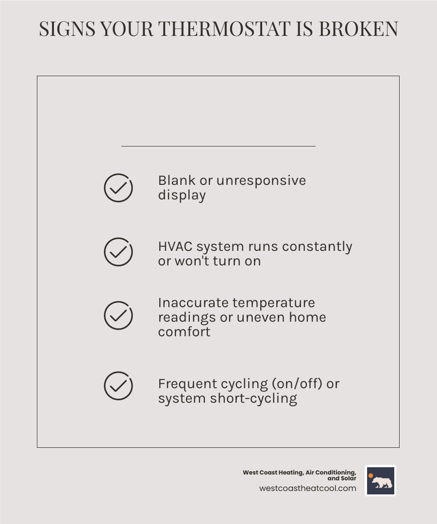 infographic showing signs of a broken thermostat versus a functioning smart thermostat, including blank displays, incorrect temperatures, constant running, and remote control capabilities - "My thermostat seems broken. Who can I call for a smart thermostat installation in La Jolla?" infographic checklist-light-beige