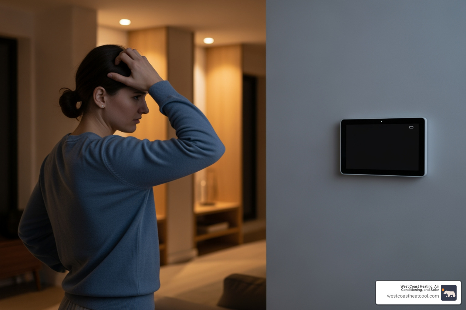 person looking frustrated at a blank thermostat screen - "My thermostat seems broken. Who can I call for a smart thermostat installation in La Jolla?"