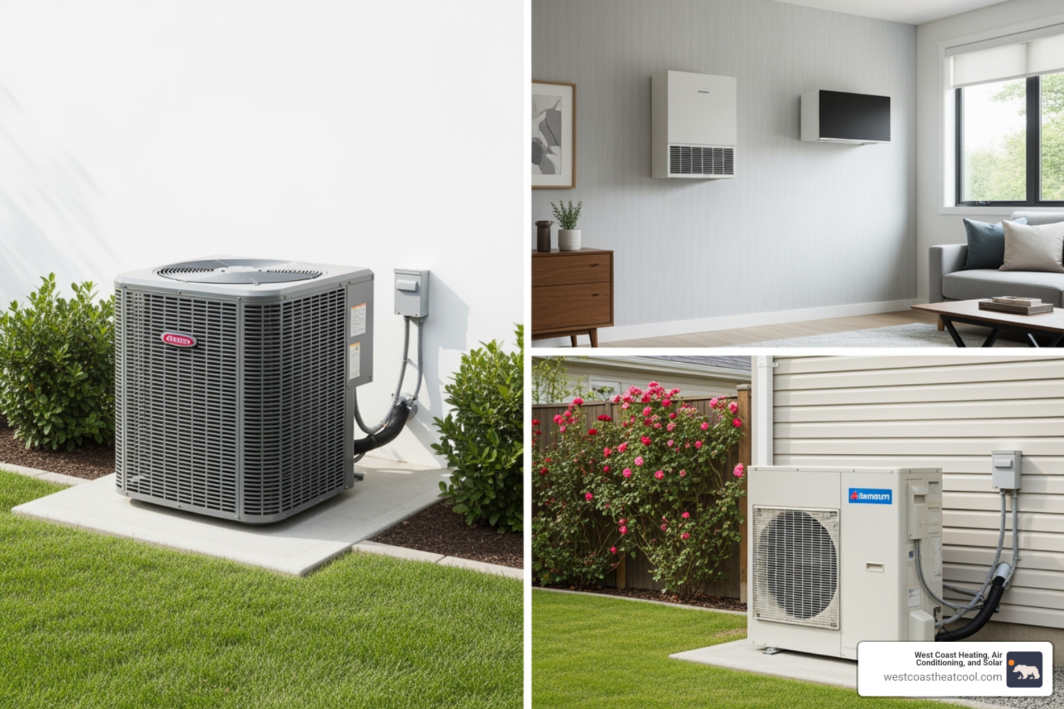 different HVAC units including a central AC, a ductless mini-split, and a heat pump - hvac installation oceanside ca
