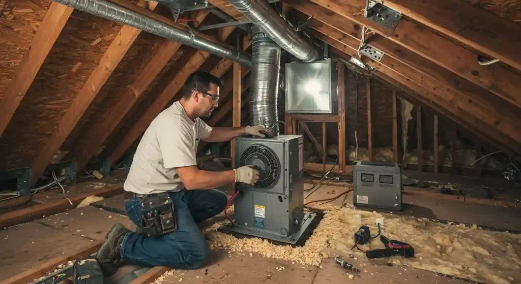 HVAC technician installing a whole house fan in an attic, surrounded by insulation and ductwork, emphasizing energy-efficient cooling solutions for homes in Santee.