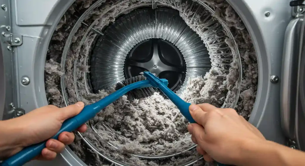 Hands using cleaning tools to remove lint and debris from a dryer vent, highlighting the importance of dryer vent cleaning for safety and efficiency.