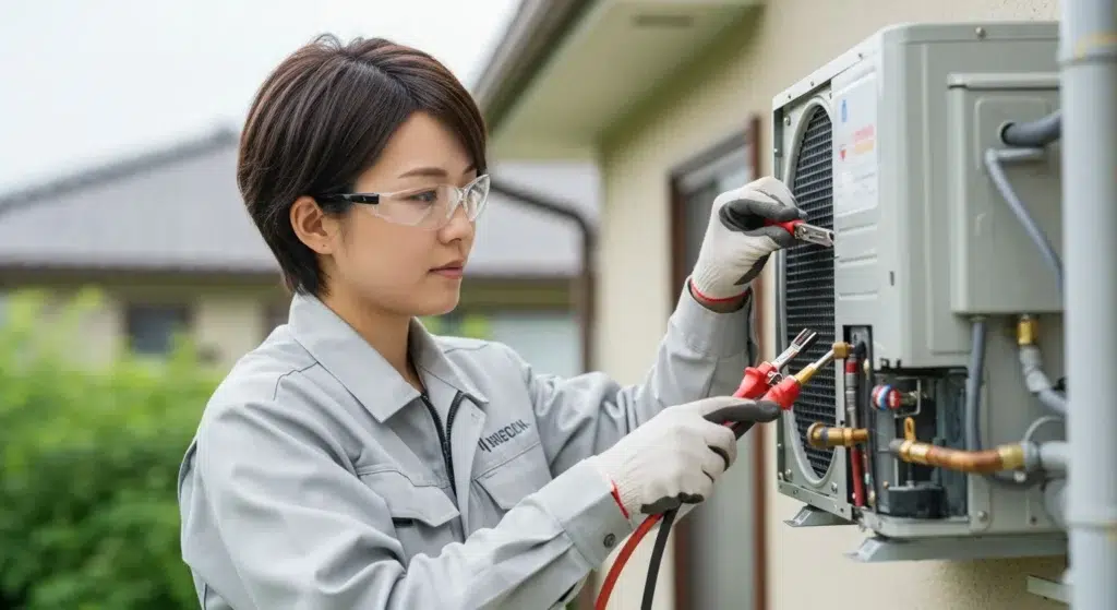 Technician repairing a ductless mini-split AC unit outside a home in Chula Vista, showcasing expertise in HVAC services.