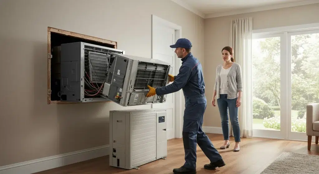 Technician replacing a ductless mini-split AC unit in a home, with a homeowner observing, highlighting the process of upgrading to an efficient cooling system.