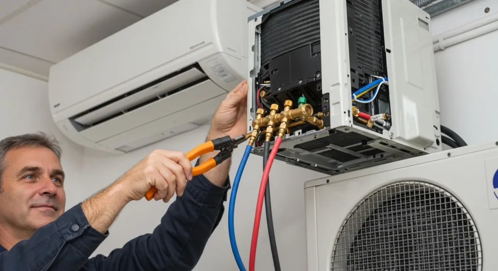 Technician installing ductless mini-split AC system, showcasing energy-efficient HVAC solution for home comfort in Chula Vista, CA.