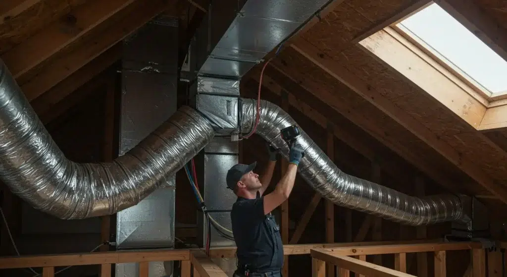 Technician installing ductwork in an attic, showcasing HVAC system setup for efficient heating and cooling, relevant to ductless mini-split installation services in Chula Vista.