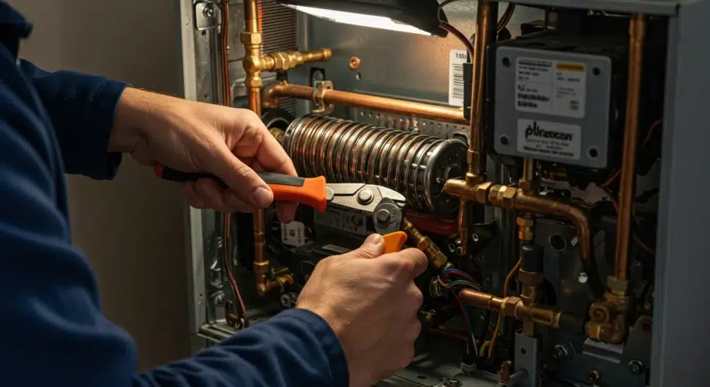 Technician performing HVAC maintenance on heating system, focusing on copper tubing and components, emphasizing the importance of regular upkeep for efficiency and longevity in Chula Vista homes.
