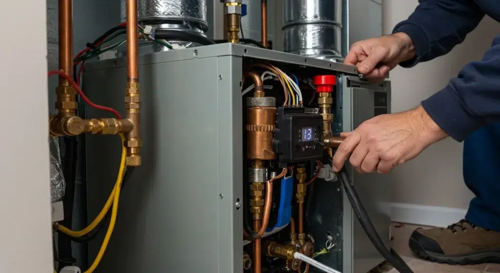 Technician inspecting and servicing a modern heating system with visible pipes and electronic controls, highlighting heating replacement services for improved home comfort and energy efficiency in Lakeside, CA.