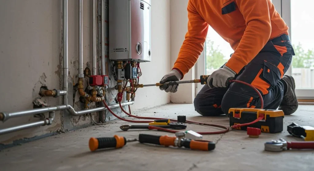Technician installing a heating system with tools, pipes, and connections in a residential setting, emphasizing heating installation services for improved home comfort in Lakeside, CA.
