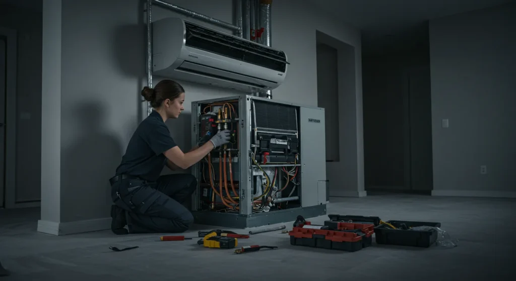 Technician performing air conditioning installation with tools and equipment in a residential setting, highlighting expertise in HVAC services for Lakeside homes.