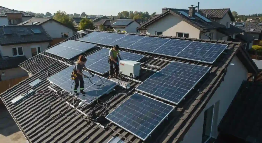 Workers installing solar panels on a residential roof, showcasing a solar power system in a sunny California setting, emphasizing energy independence and eco-friendly solutions.