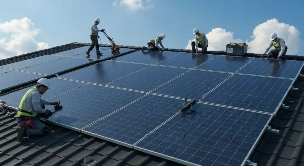 Technicians installing solar panels on a residential roof, enhancing energy production and efficiency for homeowners in Lakeside, CA.
