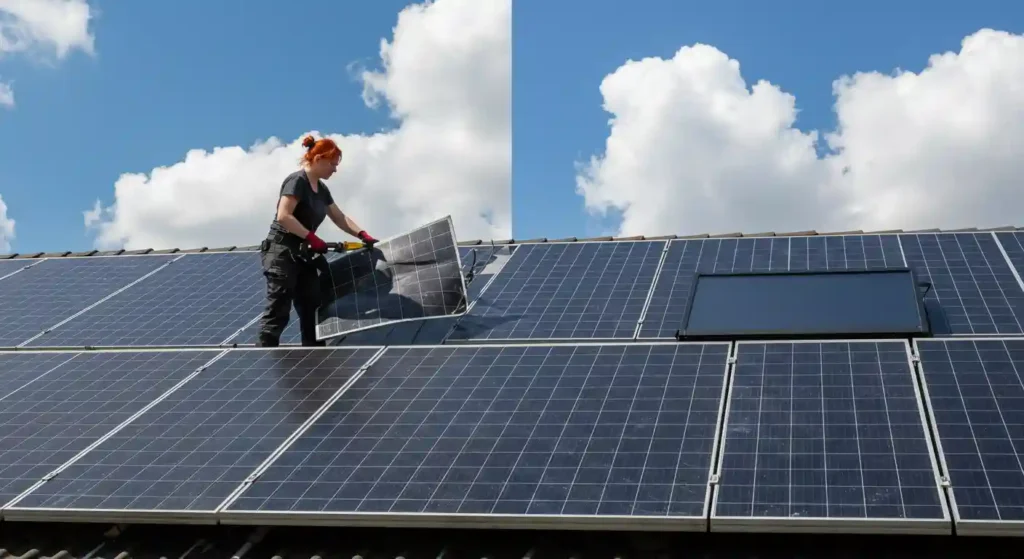 Technician replacing solar panels on a rooftop under a blue sky with clouds, illustrating solar panel replacement services for homeowners in Lakeside, CA.