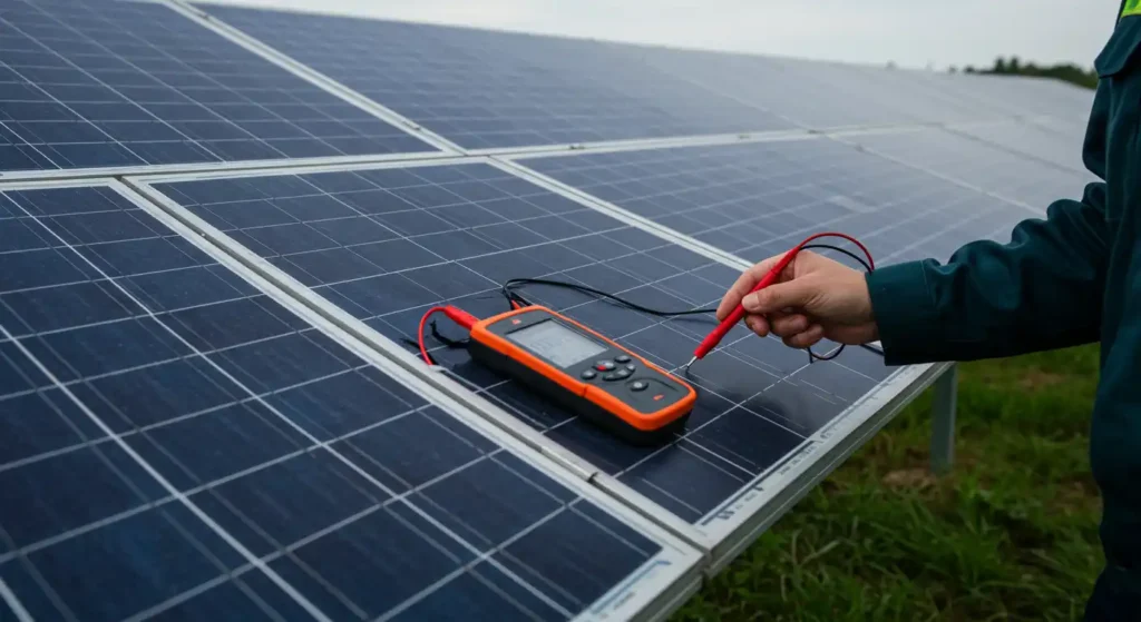 Technician testing solar panels with multimeter for maintenance and performance evaluation in Lakeside, CA.