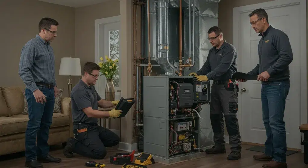 Technicians assessing and servicing a heating system in a residential setting, emphasizing professional heating replacement services in Chula Vista.