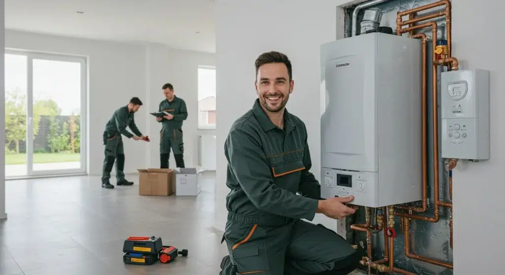 Professional technician installing a heating system in a modern home, with colleagues preparing tools and equipment, emphasizing expert heating installation services in Chula Vista.