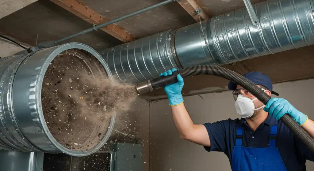 Professional technician using a vacuum hose to clean air ducts, removing dust and debris, emphasizing air duct cleaning services in Poway for improved indoor air quality.